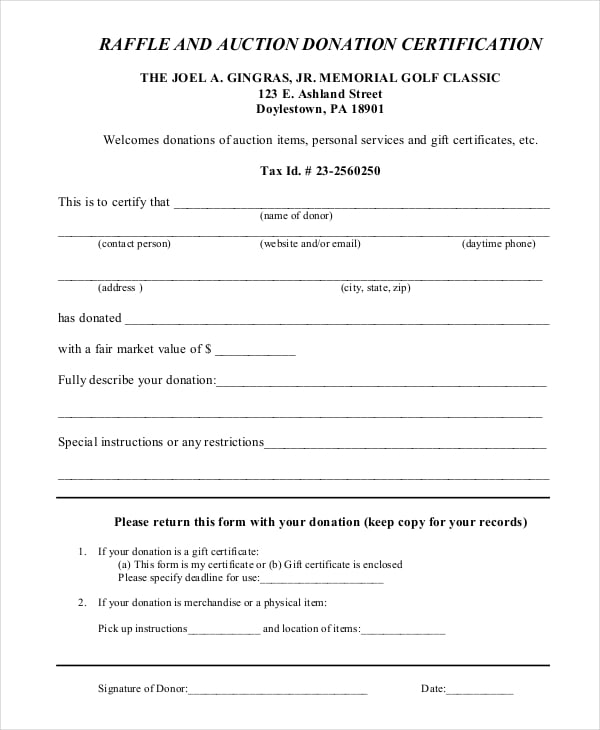 auction donation certification template