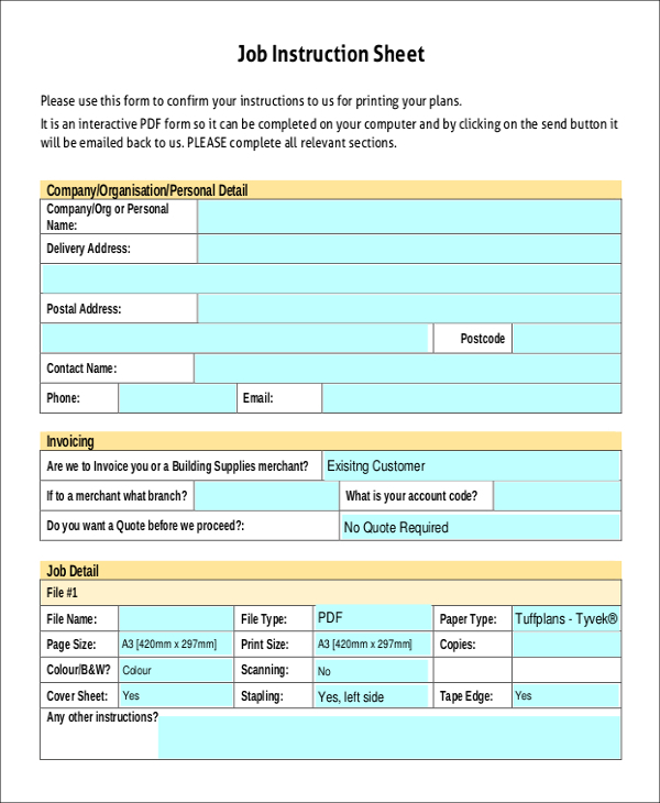 job instruction sheet template