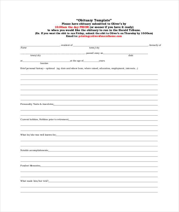 Downloadable Fill In The Blank Obituary Template