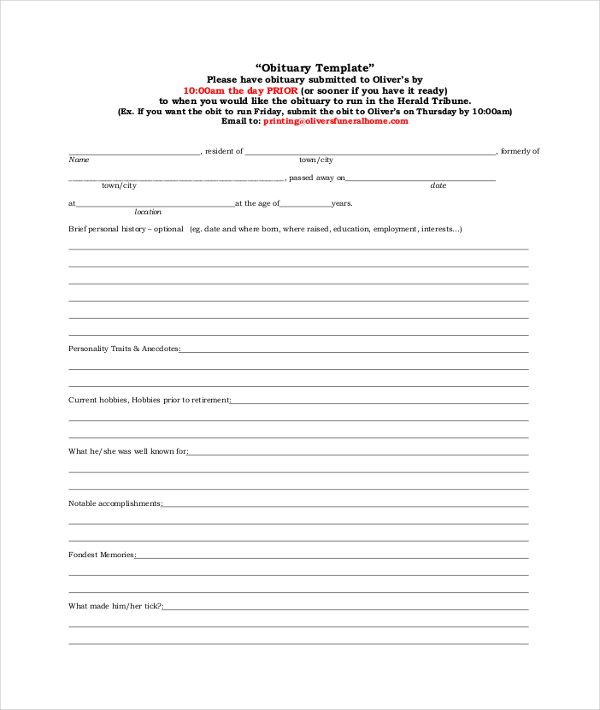 Downloadable Fill In The Blank Obituary Template