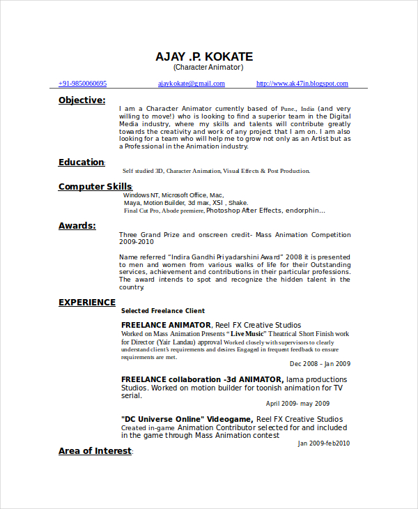 Animator Resume Template 7+ Free Word, PDF Documents Download