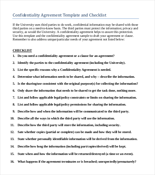 basic confidentiality agreement template and checklist