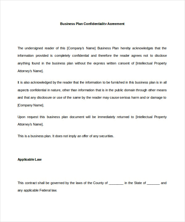 confidentiality agreement for a business plan