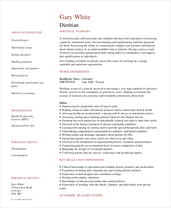 Dietitian Resume Template - 6+ Free Word, PDF Documents Download | Free ...