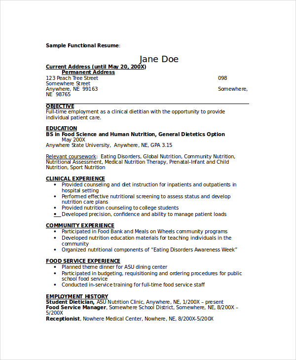 sample dietitian resume