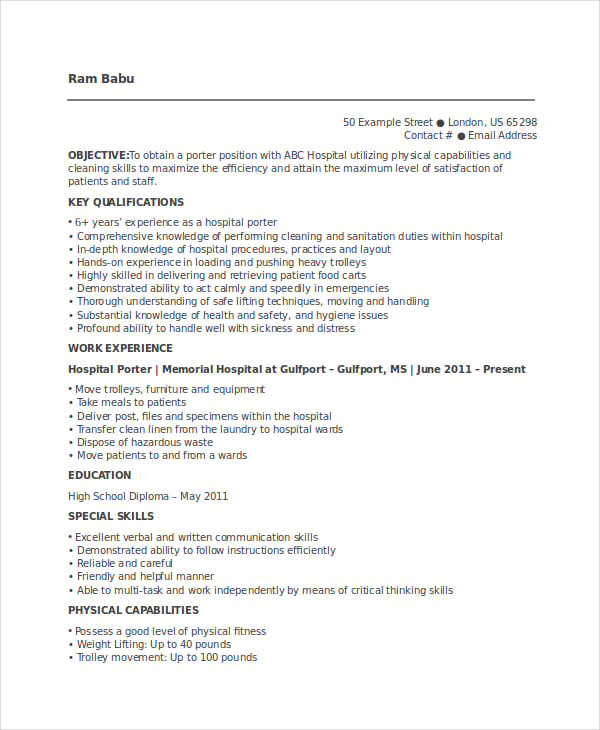 Porter Resume Template 6+ Free Word, PDF Documents Download