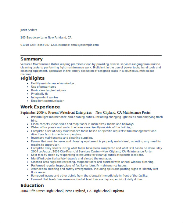 porter resume template