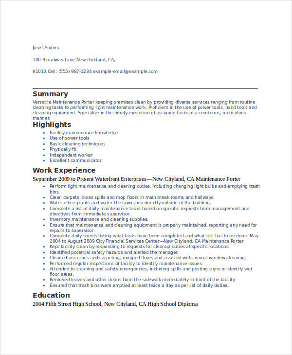 Porter Resume Template 6 Free Word PDF Documents Download