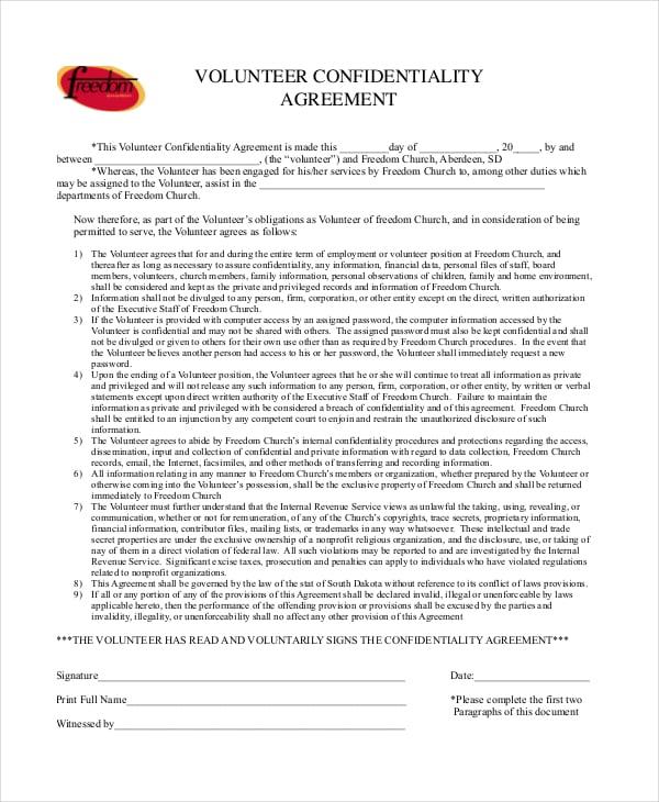 church confidentiality agreement for members and volunteer