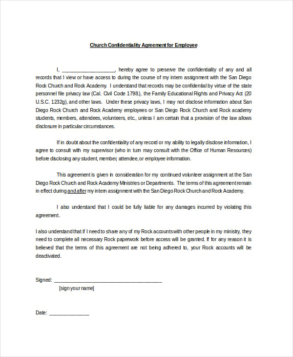church confidentiality agreement for employee