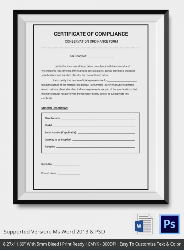 Certificate Of Compliance Form Template