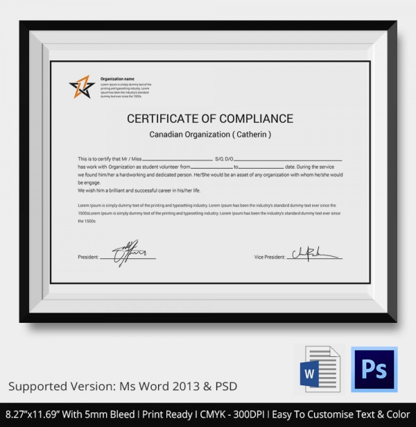 Certificate of Compliance Template 12+ Word, PDF, PSD, AI, InDesign