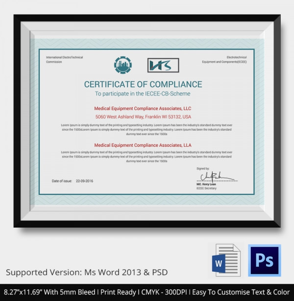 Certificate of Compliance Template – 12+ Word, PDF, PSD, AI, InDesign ...