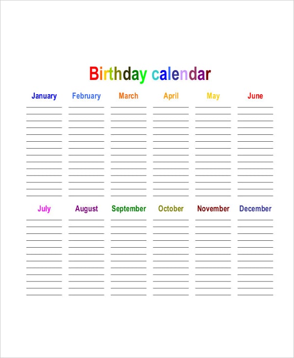 birthday calendars in landscape template