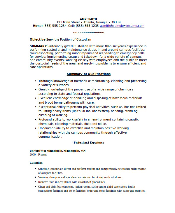 resume for school custodian position