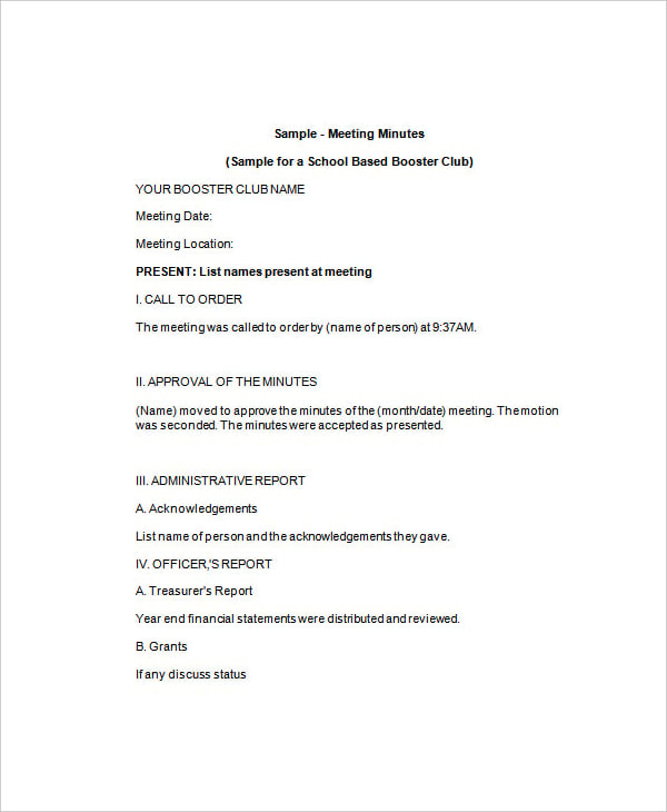 school based booster club meeting minutes template