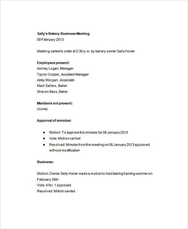 bakery business meeting minutes template