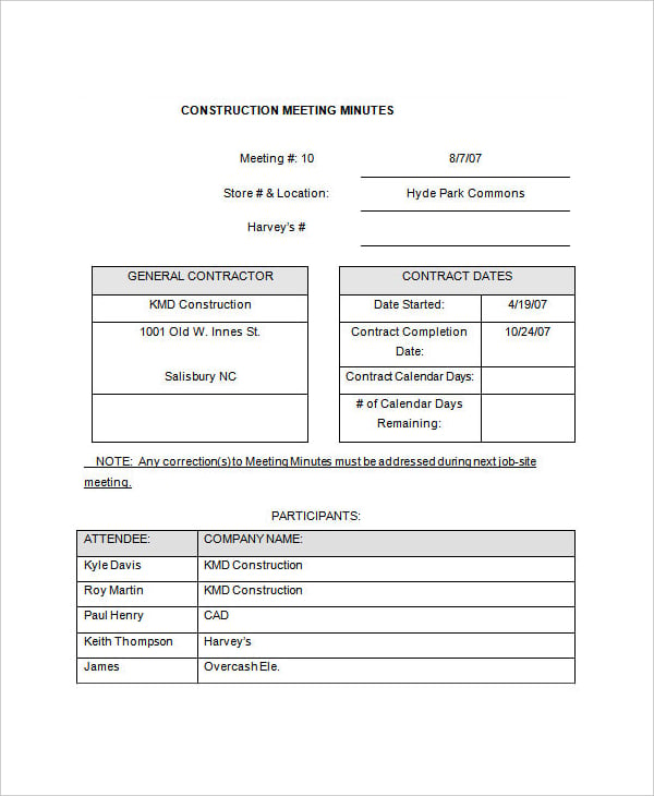 construction project meeting minutes template download