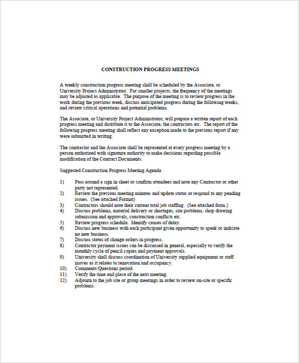 construction progress meeting minutes template