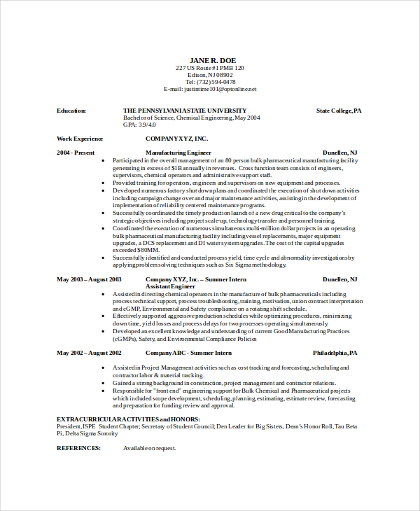 Sample entry level chemical engineer resume