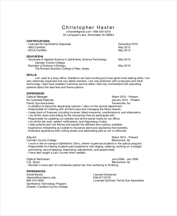 licensed optician resume