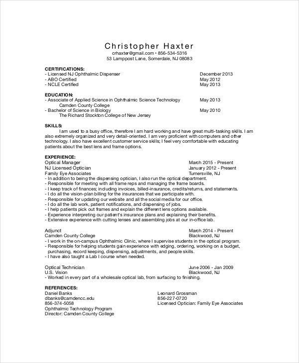 6+ Optician Resume Templates PDF, DOC