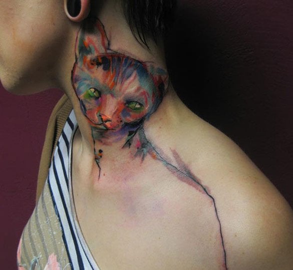 cat watercolor tattoo on lady neck