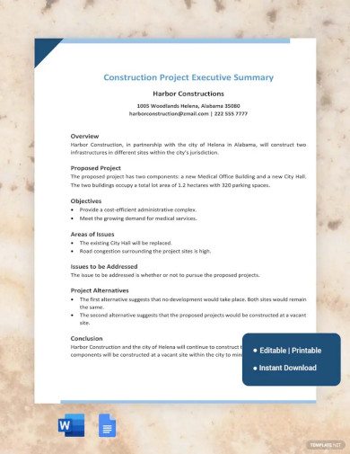 construction project executive summary template