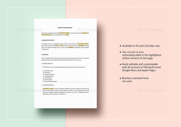 holiday vacation policy template