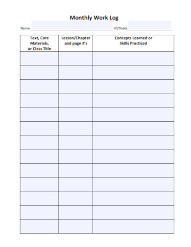 monthly work log template