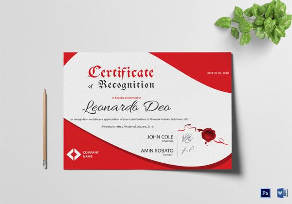 printable certificate of recognition template
