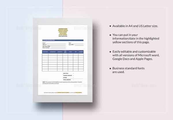 printable price quotation template