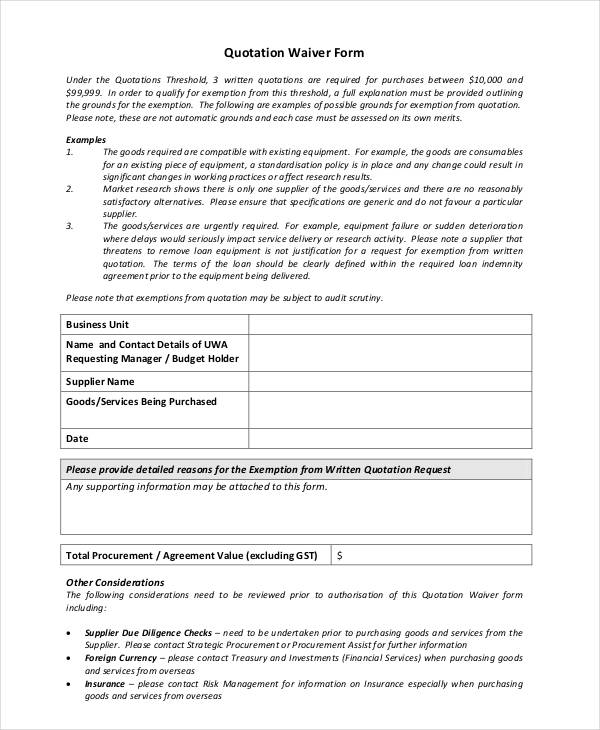 printable quotation waiver form