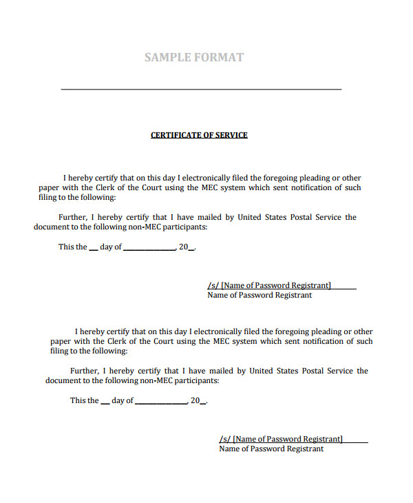 Printable Certificate Of Service Template - Printable Templates