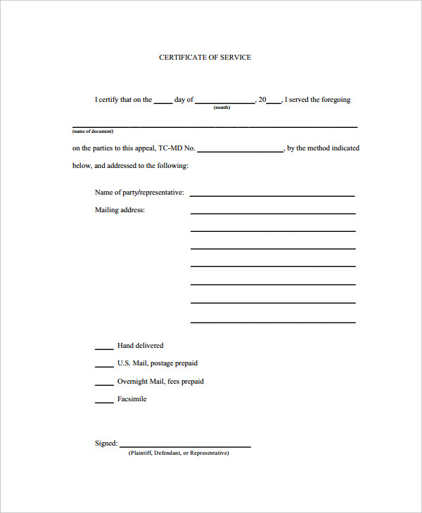 Sample Certificate Of Service Form