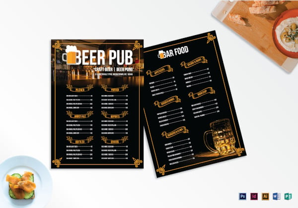 standard pub menu template