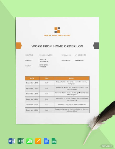 work from home order log template