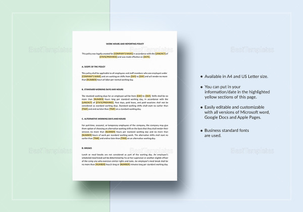 working hours and reporting policy template