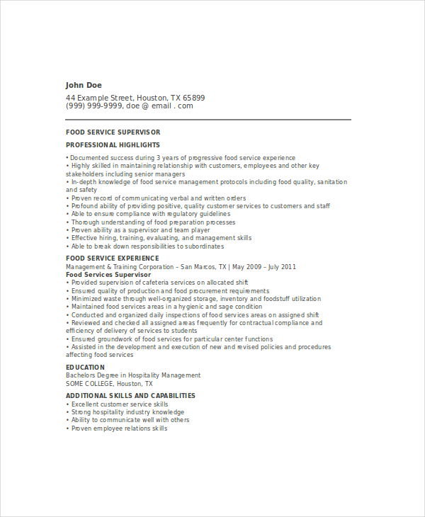 food service supervisor resume