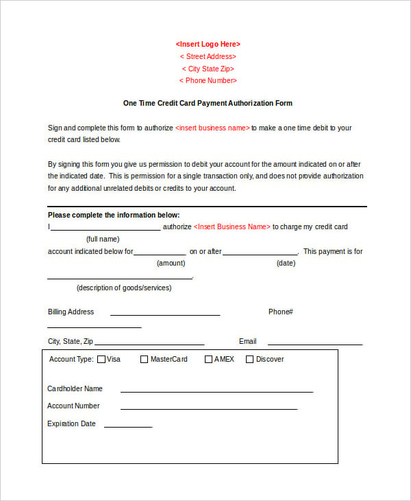 one time credit card payment authorization form template