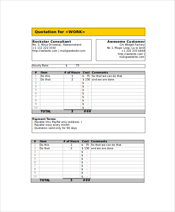 excel quotation template for free