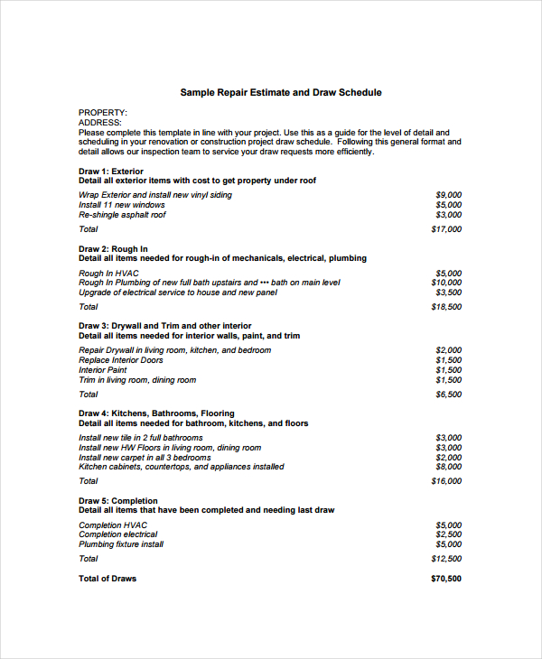 sample work estimate and draw schedule