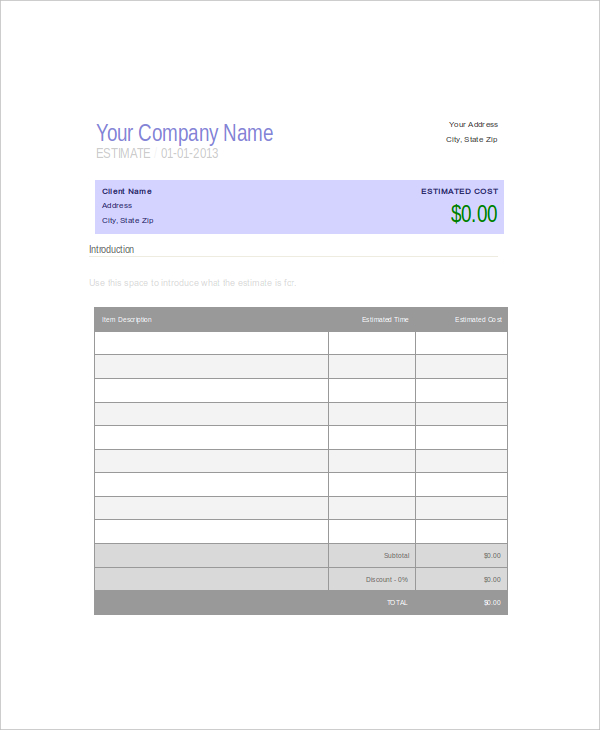 compnay estimate quotation template