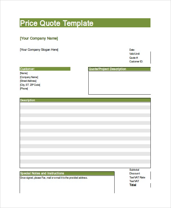 hourly price quote template