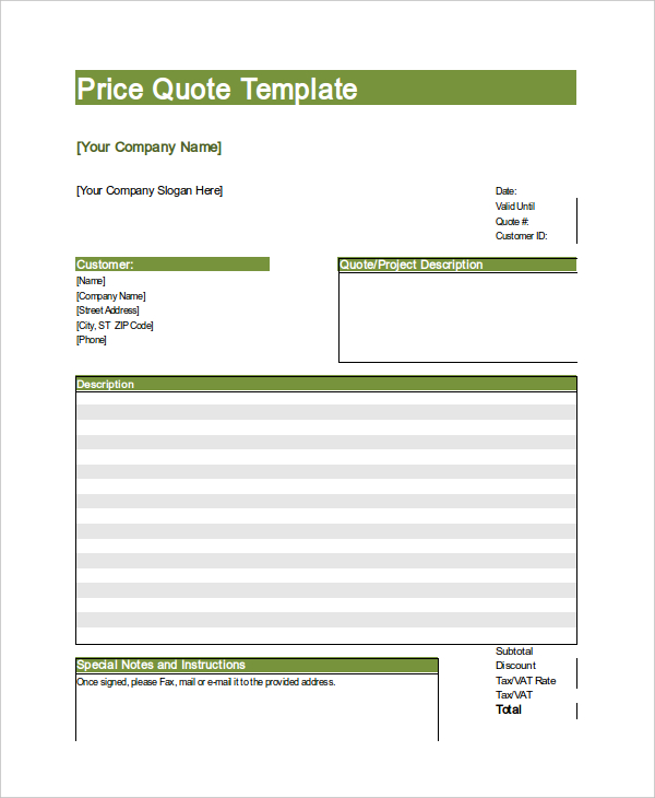 hourly price quote template