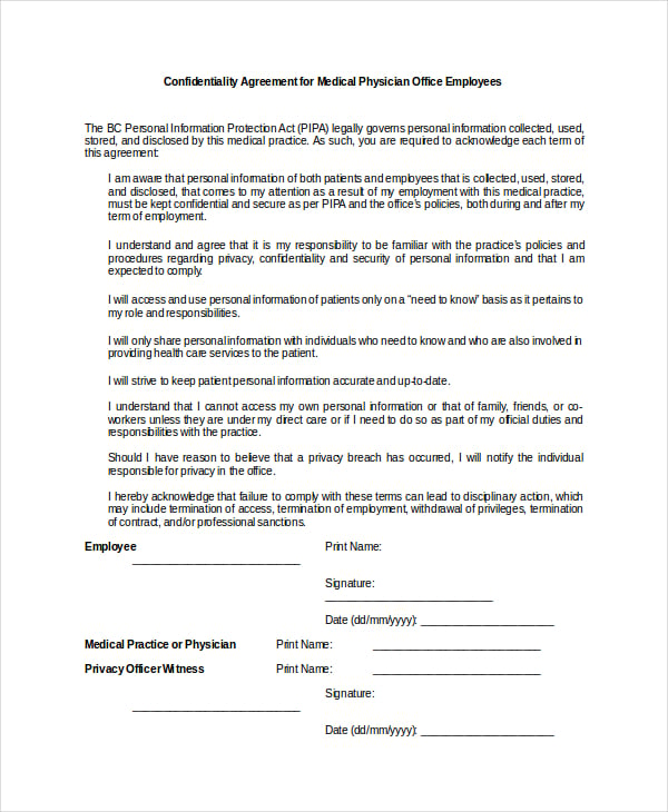 confidentiality agreement for medical physician