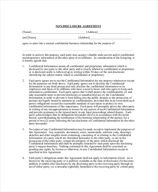 example business non disclosure confidentiality agreement