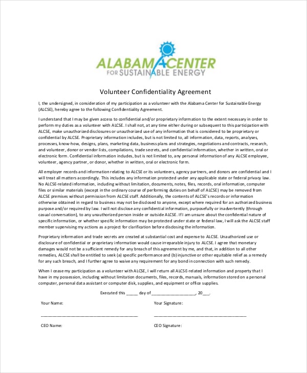 example volunteer celebrity confidentiality agreement