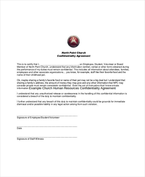 example church human resources confidentiality agreement
