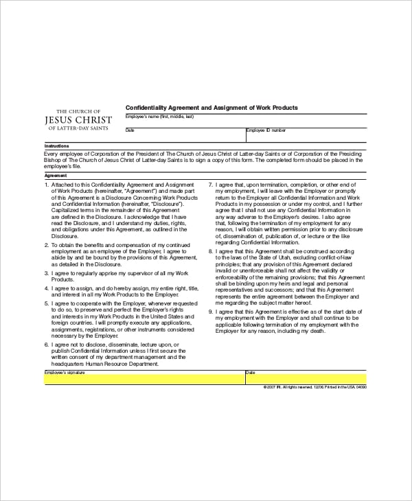 example confidentiality agreement and assignment of church work product